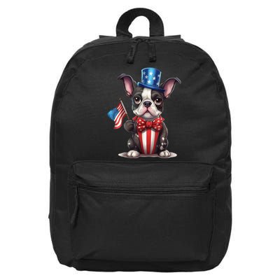 Boston Terrier Puppy Dog Holds His American Flag 4th Of July 16 in Basic Backpack