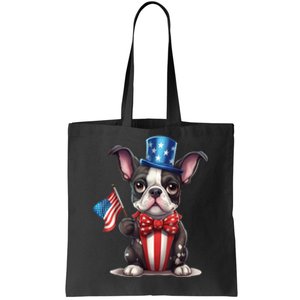 Boston Terrier Puppy Dog Holds His American Flag 4th Of July Tote Bag