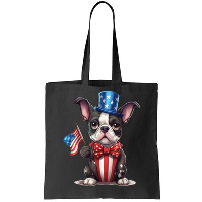 Boston Terrier Puppy Dog Holds His American Flag 4th Of July Tote Bag