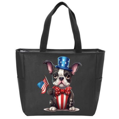 Boston Terrier Puppy Dog Holds His American Flag 4th Of July Zip Tote Bag