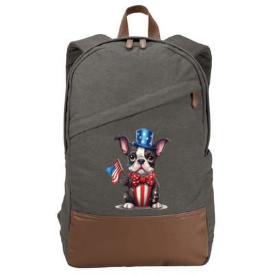 Boston Terrier Puppy Dog Holds His American Flag 4th Of July Cotton Canvas Backpack