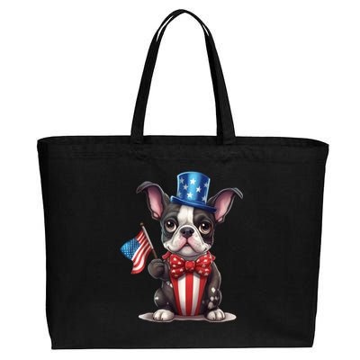 Boston Terrier Puppy Dog Holds His American Flag 4th Of July Cotton Canvas Jumbo Tote