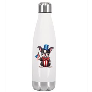 Boston Terrier Puppy Dog Holds His American Flag 4th Of July Stainless Steel Insulated Water Bottle