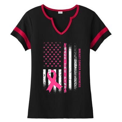 Back The Pink Ribbon American Flag Breast Cancer Awareness Ladies Halftime Notch Neck Tee