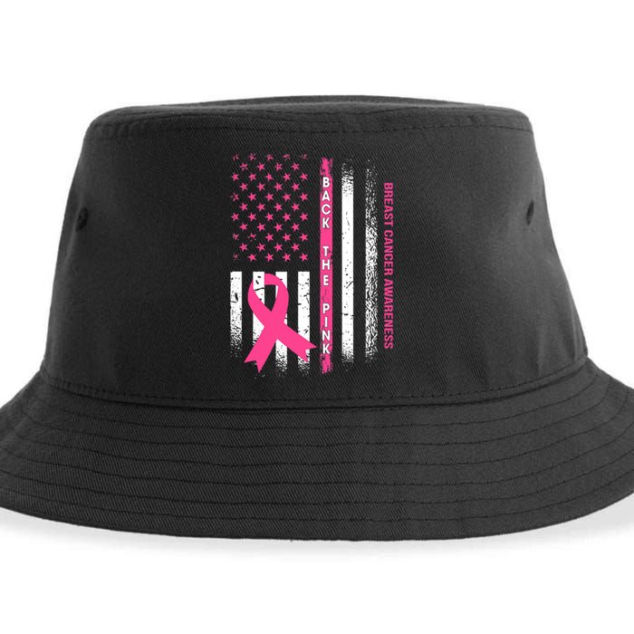 Back The Pink Ribbon American Flag Breast Cancer Awareness Sustainable Bucket Hat