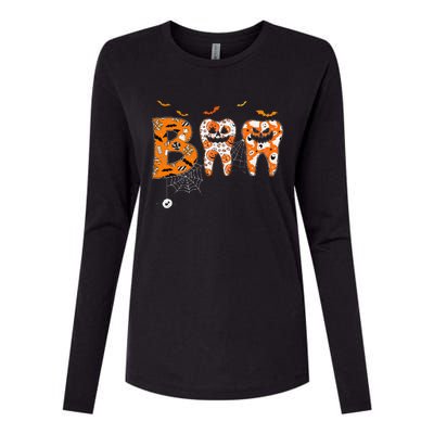 Boo Teeth Pumpkin Dentist Dental Hygienist Halloween Womens Cotton Relaxed Long Sleeve T-Shirt