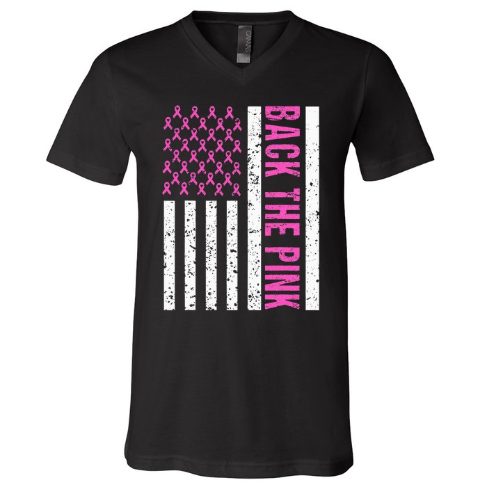 Back The Pink Breast Cancer Awareness Flag V-Neck T-Shirt