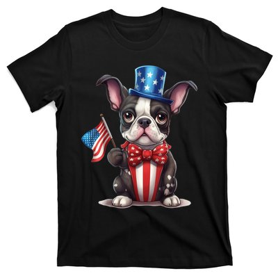 Boston Terrier Puppy Dog Holds His American Flag 4th Of July T-Shirt