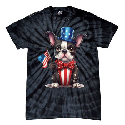 Boston Terrier Puppy Dog Holds His American Flag 4th Of July Tie-Dye T-Shirt