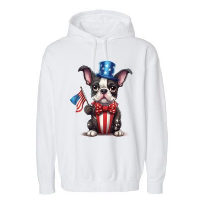 Boston Terrier Puppy Dog Holds His American Flag 4th Of July Garment-Dyed Fleece Hoodie