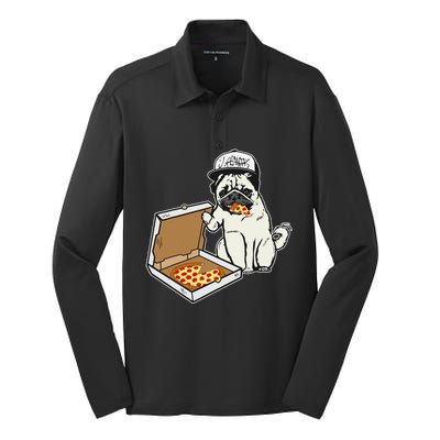 Babu the Pug Dog Eating Pizza Justin Ashar Snapback Silk Touch Performance Long Sleeve Polo