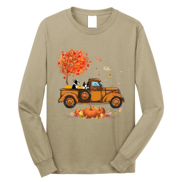 Boston Terrier Pumpkins Truck Autumn Leaf Fall thanksgiving Long Sleeve Shirt