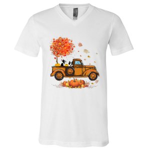 Boston Terrier Pumpkins Truck Autumn Leaf Fall thanksgiving V-Neck T-Shirt