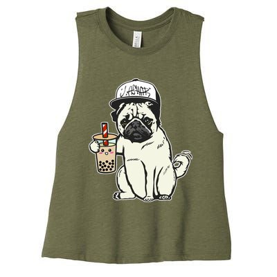 Babu the Pug Dog Drinking Bubble Tea, Justin Ashar Snapback Tank Top Women's Racerback Cropped Tank