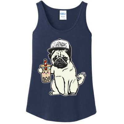 Babu the Pug Dog Drinking Bubble Tea, Justin Ashar Snapback Tank Top Ladies Essential Tank