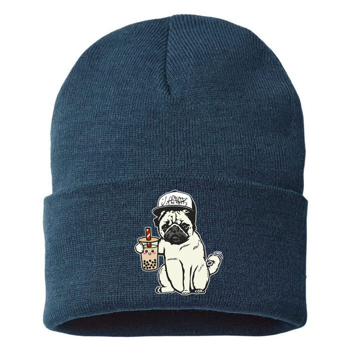 Babu the Pug Dog Drinking Bubble Tea, Justin Ashar Snapback Tank Top Sustainable Knit Beanie