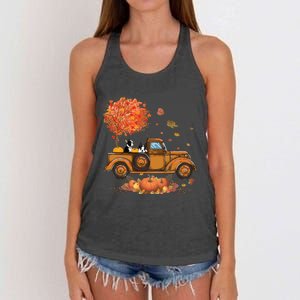 Boston Terrier Pumpkins Truck Autumn Leaf Fall Thanksgiving Women's Knotted Racerback Tank