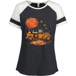 Boston Terrier Pumpkins Truck Autumn Leaf Fall Thanksgiving Enza Ladies Jersey Colorblock Tee