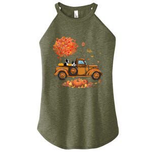 Boston Terrier Pumpkins Truck Autumn Leaf Fall Thanksgiving Women's Perfect Tri Rocker Tank