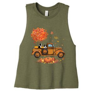 Boston Terrier Pumpkins Truck Autumn Leaf Fall Thanksgiving Women's Racerback Cropped Tank