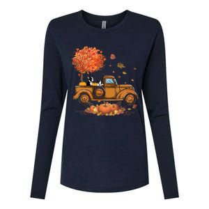 Boston Terrier Pumpkins Truck Autumn Leaf Fall Thanksgiving Womens Cotton Relaxed Long Sleeve T-Shirt