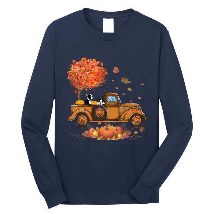 Boston Terrier Pumpkins Truck Autumn Leaf Fall Thanksgiving Long Sleeve Shirt