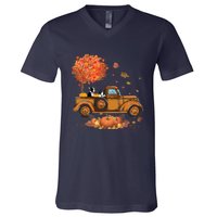 Boston Terrier Pumpkins Truck Autumn Leaf Fall Thanksgiving V-Neck T-Shirt