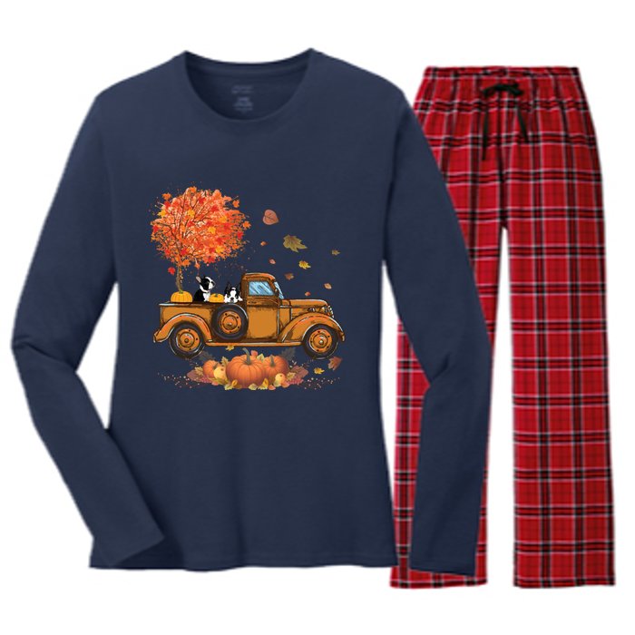 Boston Terrier Pumpkins Truck Autumn Leaf Fall Thanksgiving Women's Long Sleeve Flannel Pajama Set 