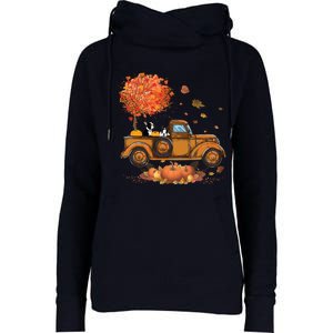 Boston Terrier Pumpkins Truck Autumn Leaf Fall Thanksgiving Womens Funnel Neck Pullover Hood