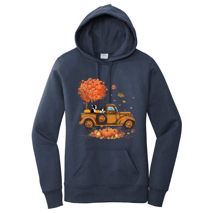 Boston Terrier Pumpkins Truck Autumn Leaf Fall Thanksgiving Women's Pullover Hoodie