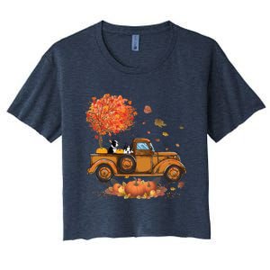 Boston Terrier Pumpkins Truck Autumn Leaf Fall Thanksgiving Women's Crop Top Tee