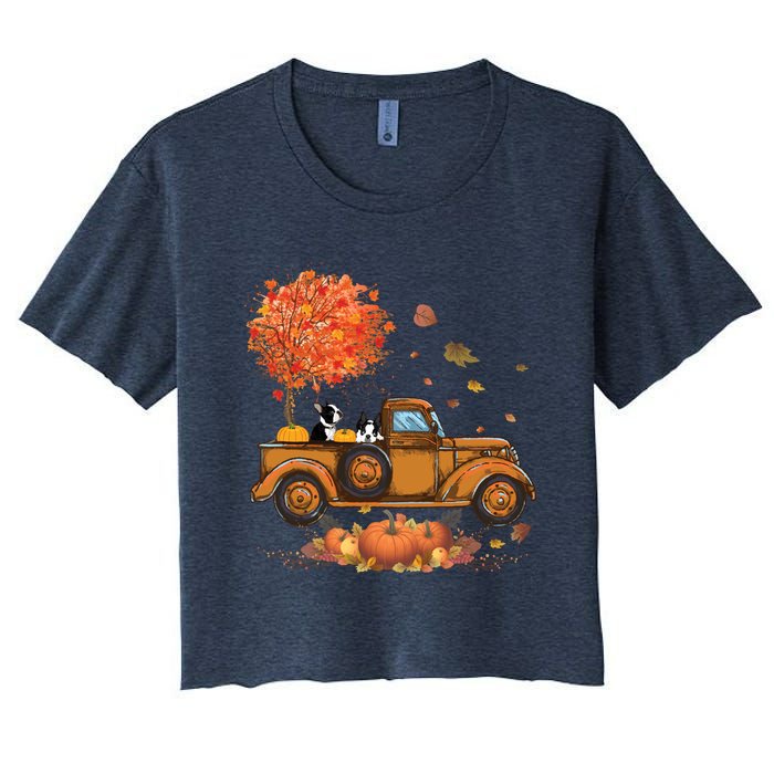 Boston Terrier Pumpkins Truck Autumn Leaf Fall Thanksgiving Women's Crop Top Tee