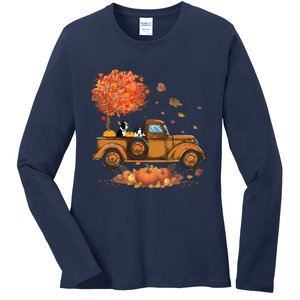 Boston Terrier Pumpkins Truck Autumn Leaf Fall Thanksgiving Ladies Long Sleeve Shirt