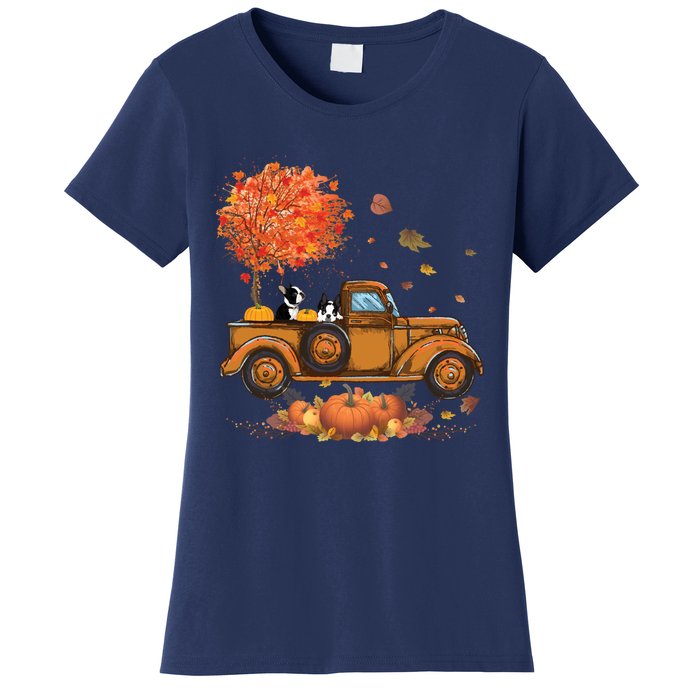 Boston Terrier Pumpkins Truck Autumn Leaf Fall Thanksgiving Women's T-Shirt