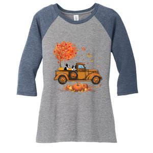 Boston Terrier Pumpkins Truck Autumn Leaf Fall Thanksgiving Women's Tri-Blend 3/4-Sleeve Raglan Shirt