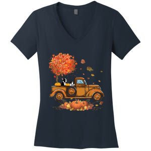 Boston Terrier Pumpkins Truck Autumn Leaf Fall Thanksgiving Women's V-Neck T-Shirt