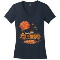 Boston Terrier Pumpkins Truck Autumn Leaf Fall Thanksgiving Women's V-Neck T-Shirt