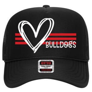 Bulldogs Team Pride School Spirit White Red Heart High Crown Mesh Back Trucker Hat