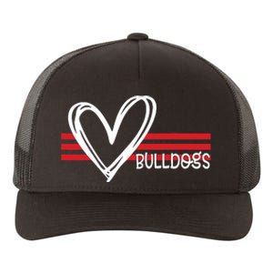 Bulldogs Team Pride School Spirit White Red Heart Yupoong Adult 5-Panel Trucker Hat