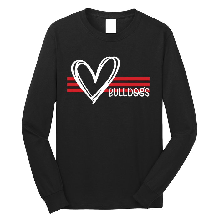 Bulldogs Team Pride School Spirit White Red Heart Long Sleeve Shirt