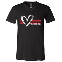 Bulldogs Team Pride School Spirit White Red Heart V-Neck T-Shirt