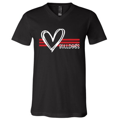 Bulldogs Team Pride School Spirit White Red Heart V-Neck T-Shirt