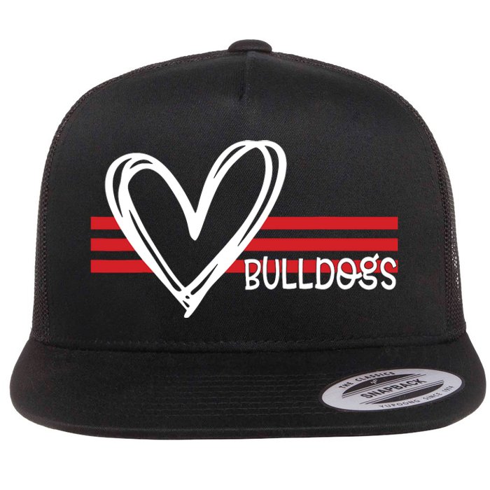 Bulldogs Team Pride School Spirit White Red Heart Flat Bill Trucker Hat