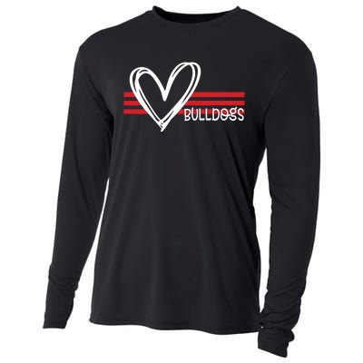 Bulldogs Team Pride School Spirit White Red Heart Cooling Performance Long Sleeve Crew