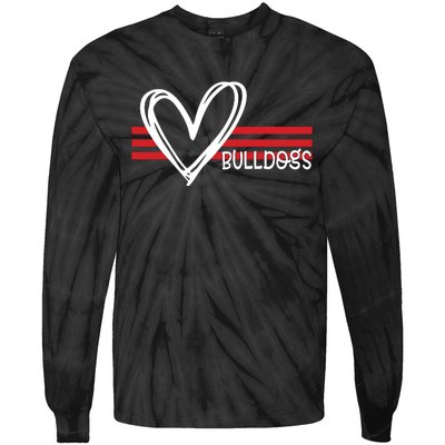 Bulldogs Team Pride School Spirit White Red Heart Tie-Dye Long Sleeve Shirt