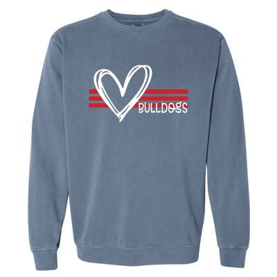 Bulldogs Team Pride School Spirit White Red Heart Garment-Dyed Sweatshirt