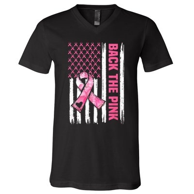 Back The Pink Warrior Flag American Breast Cancer Awareness V-Neck T-Shirt