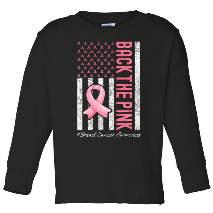 Back The Pink Breast Cancer Awareness Us Flag Toddler Long Sleeve Shirt