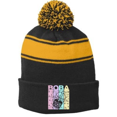 Boba Tea Pastel Bubble Tea Lover Retro Stripe Pom Pom Beanie