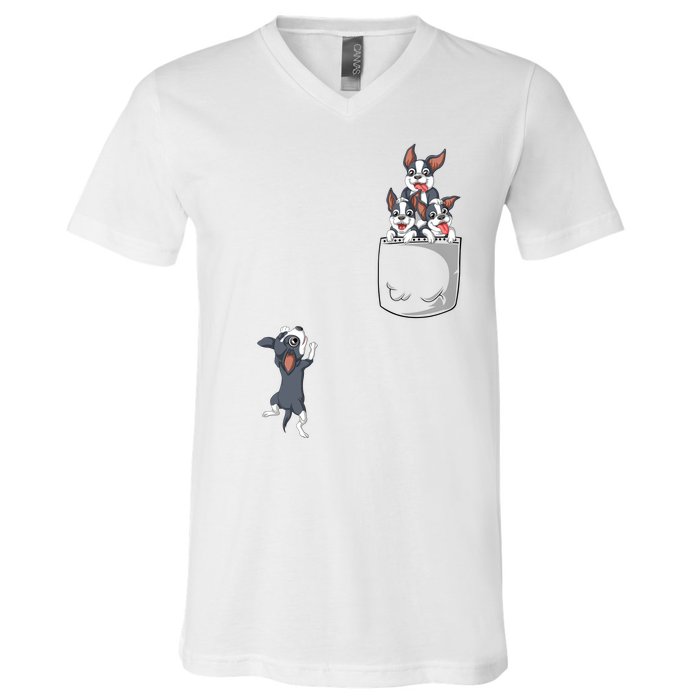 Boston Terrier Pocket V-Neck T-Shirt